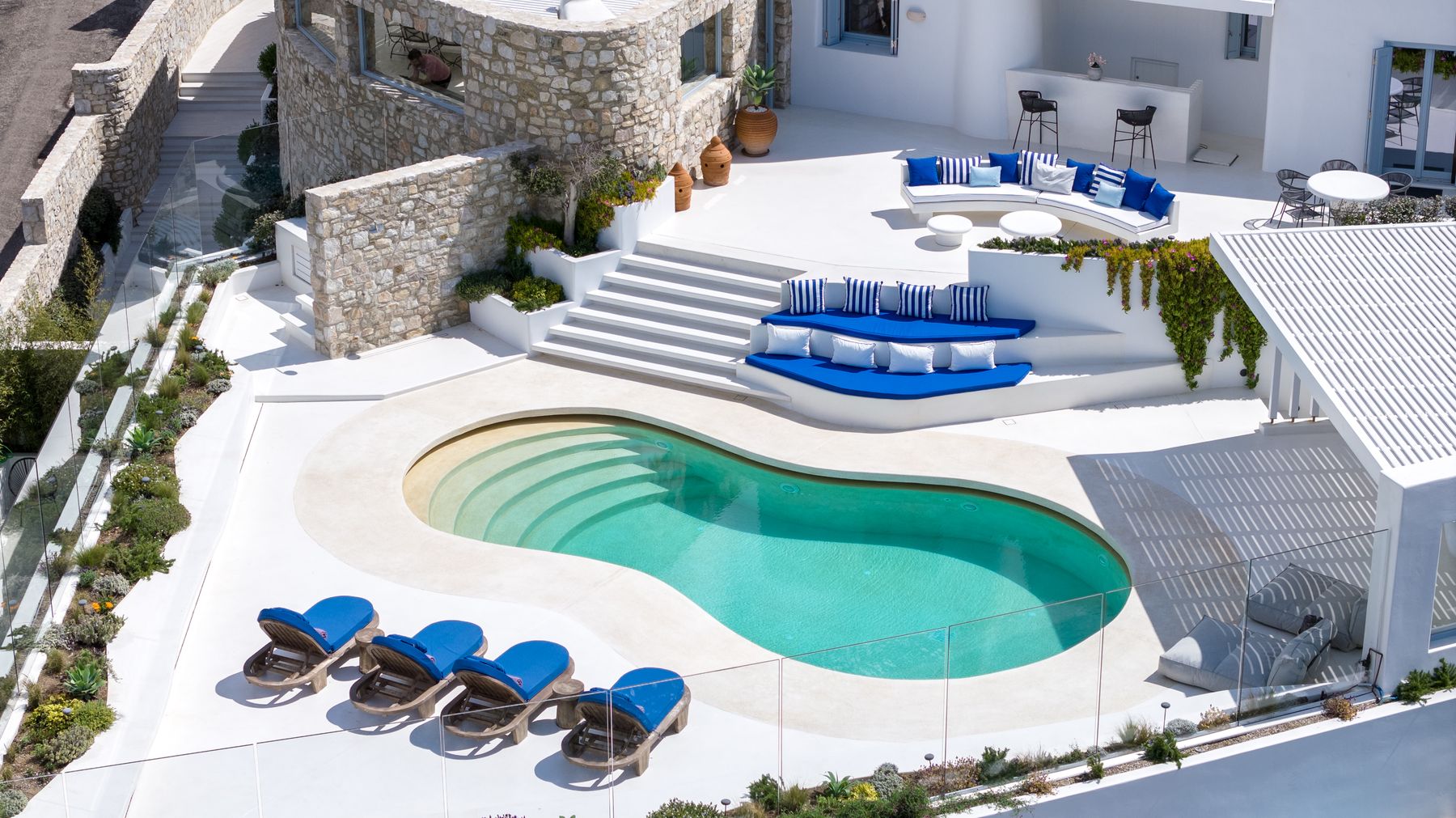 Pool and terraces from above
